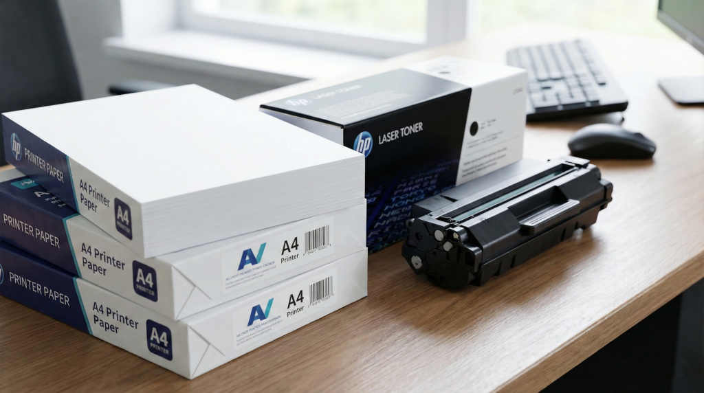 Impresora de oficina con pilas de papel y toner de repuesto