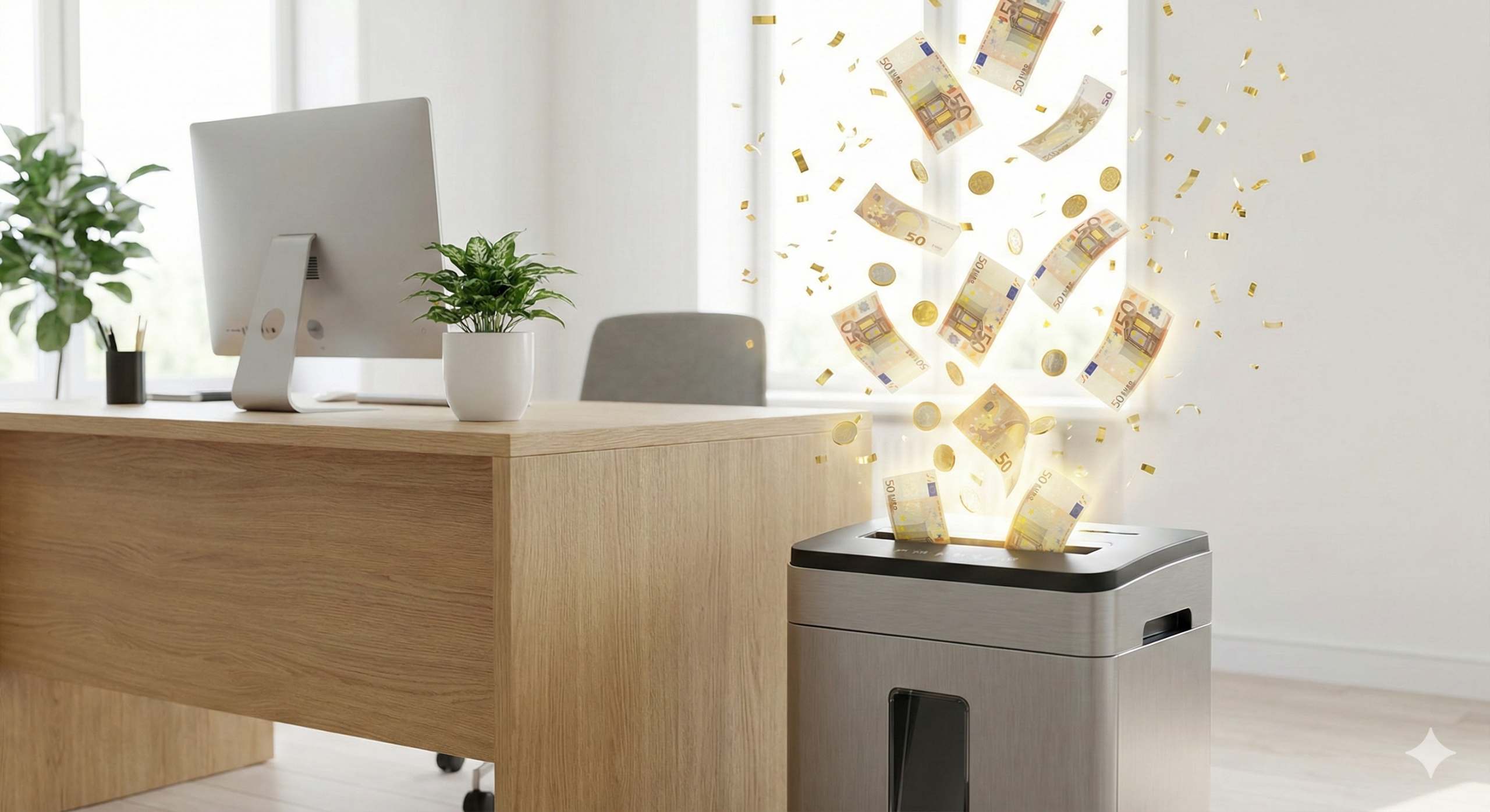 Destructora de papel expulsando billetes de euro por promoción de reembolso