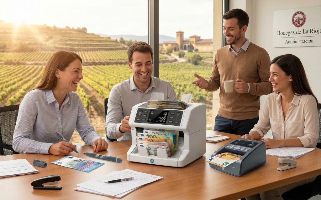 Contadora de billetes Safescan de alta velocidad verificando stacks de efectivo durante el cierre de caja.