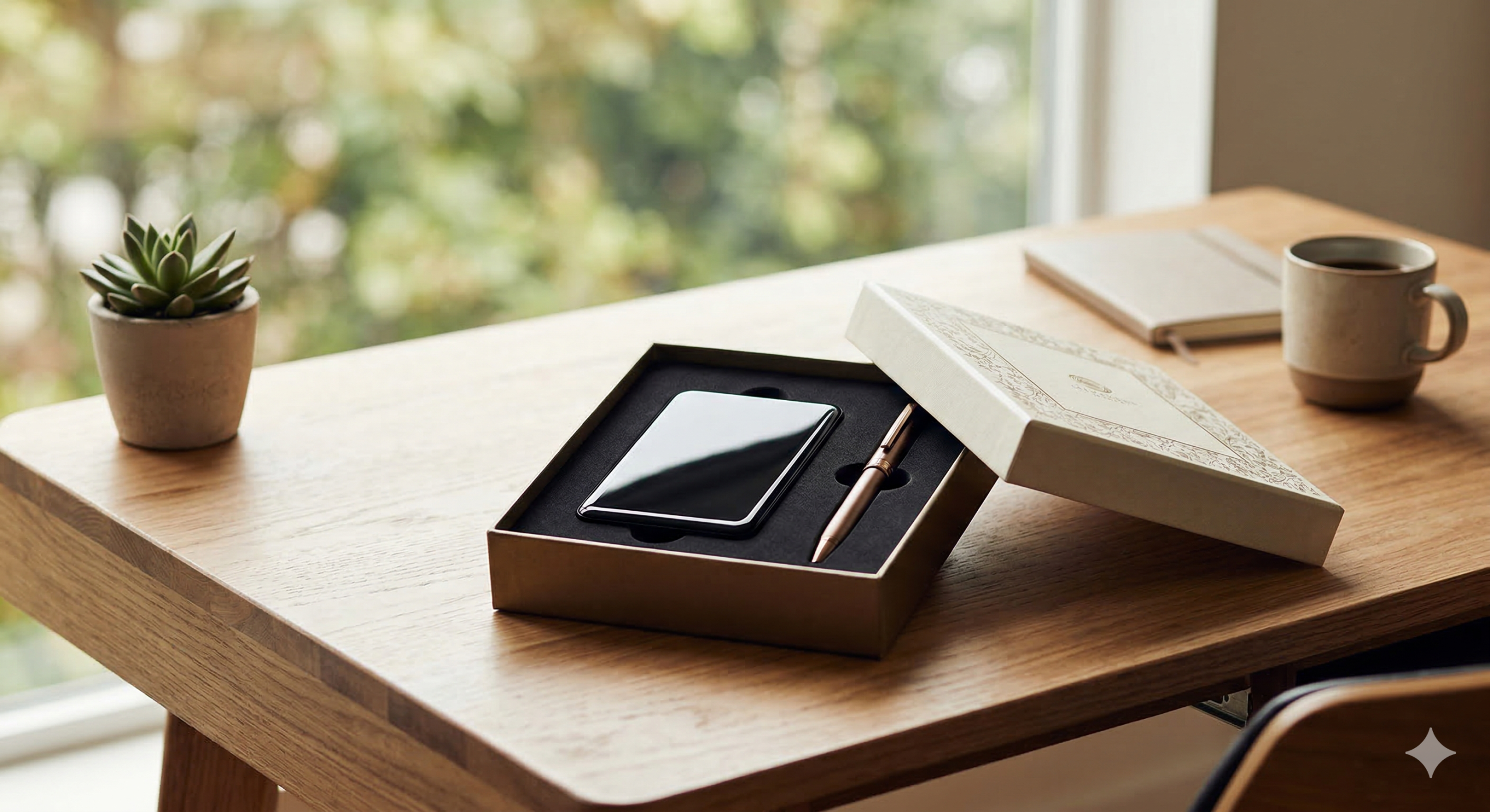 caja de regalo abierta de forma elegante, mostrando en su interior un disco duro externo negro