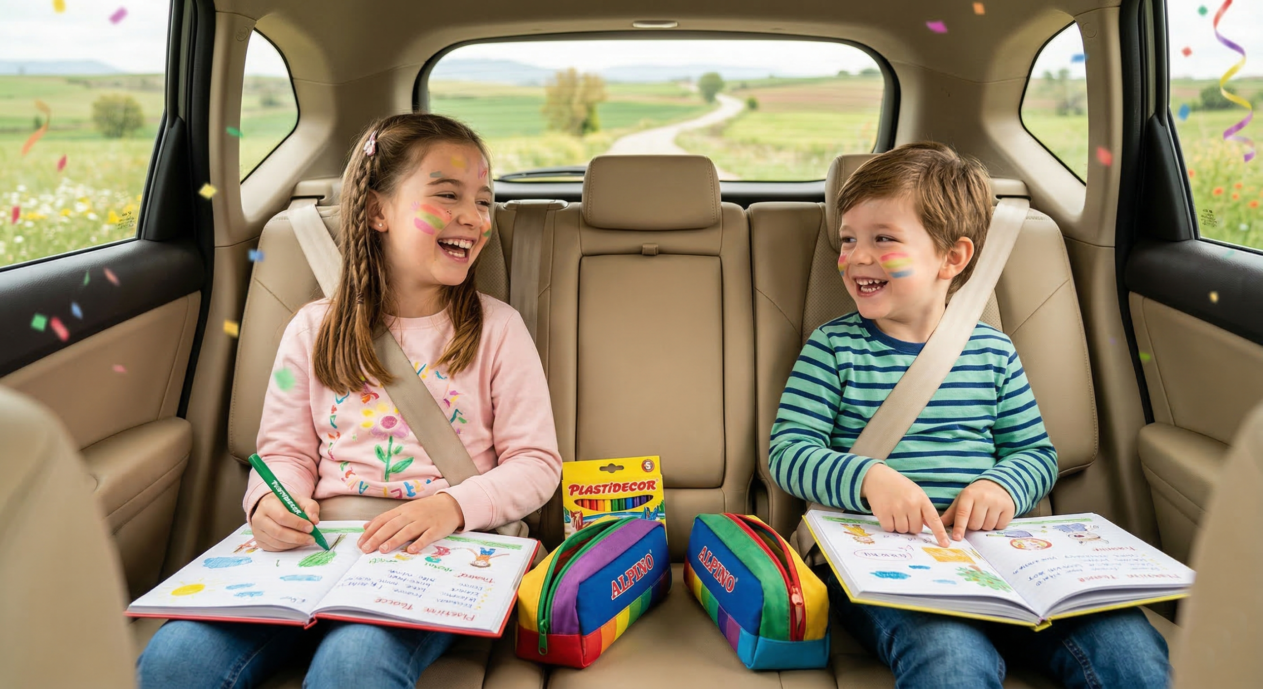 dos niños están riendo, cada uno con un cuaderno abierto y un estuche colorido de la marca Alpino en sus regazos