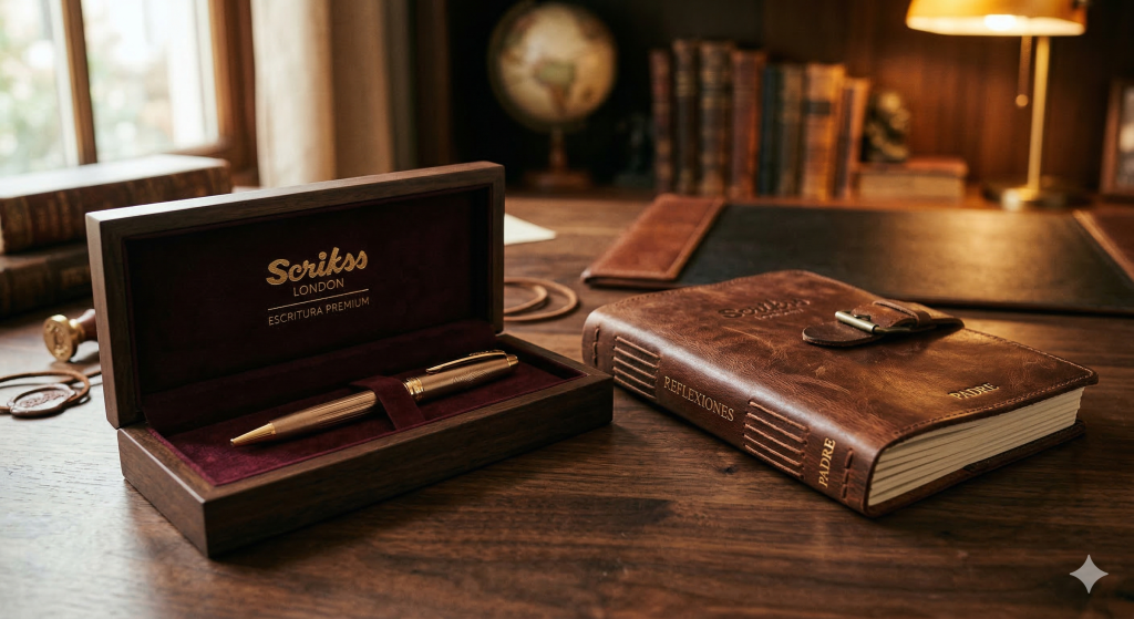 estuche de lujo abierto que contiene un bolígrafo de diseño en tono bronce