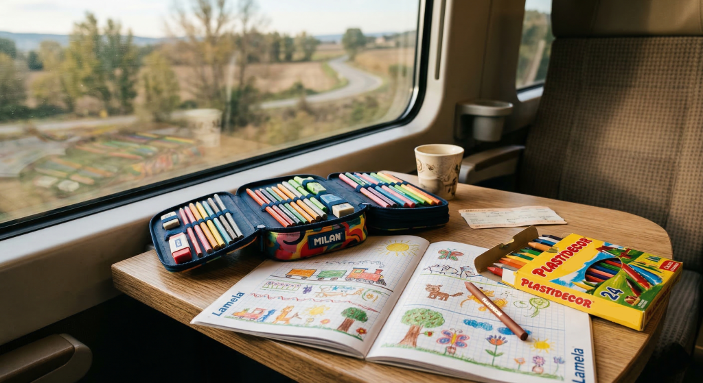 mesa auxiliar de madera clara en un tren