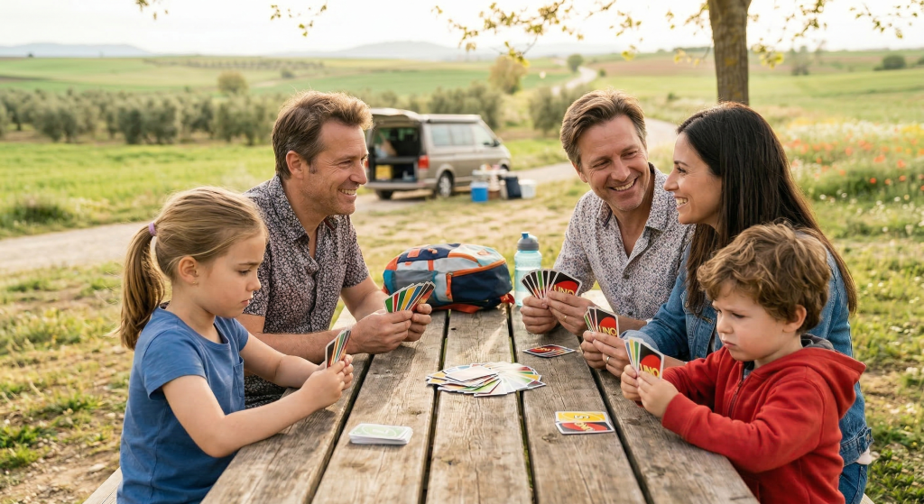 sentados en una mesa de picnic durante una parada de viaje jugando al uno