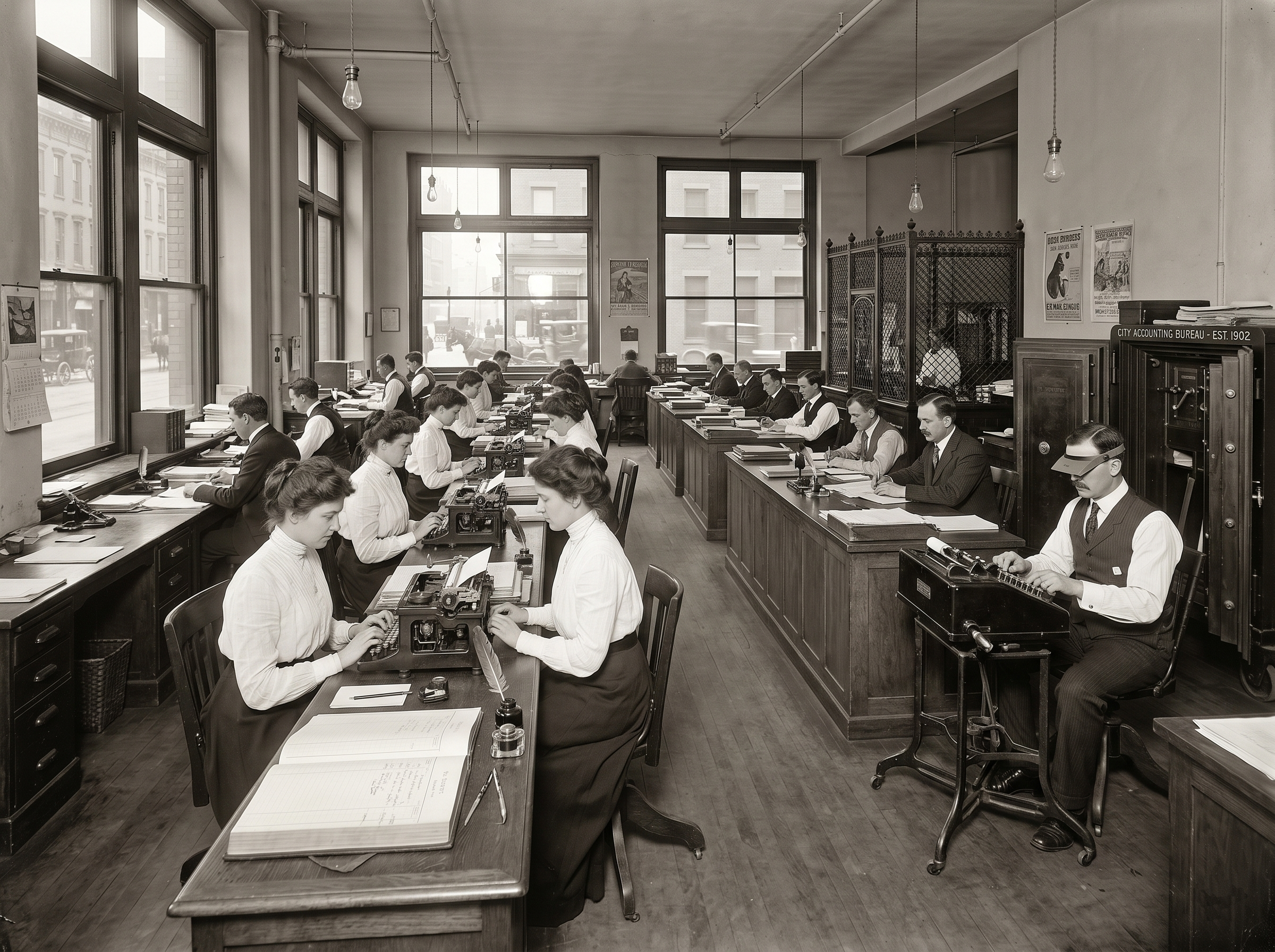 Una fotografía vintage en blanco y negro sepia de una bulliciosa oficina de planta abierta de principios del siglo XX