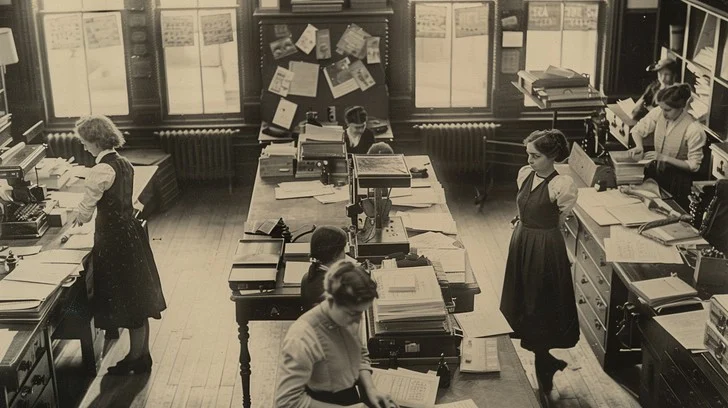 foto 1_imagen sepia donde se ve una sala amplia con varias mujeres trabajando en mesas largas y ordenadas. Hay una mujer de pie a la derecha y otra en primer plano a la izquierda