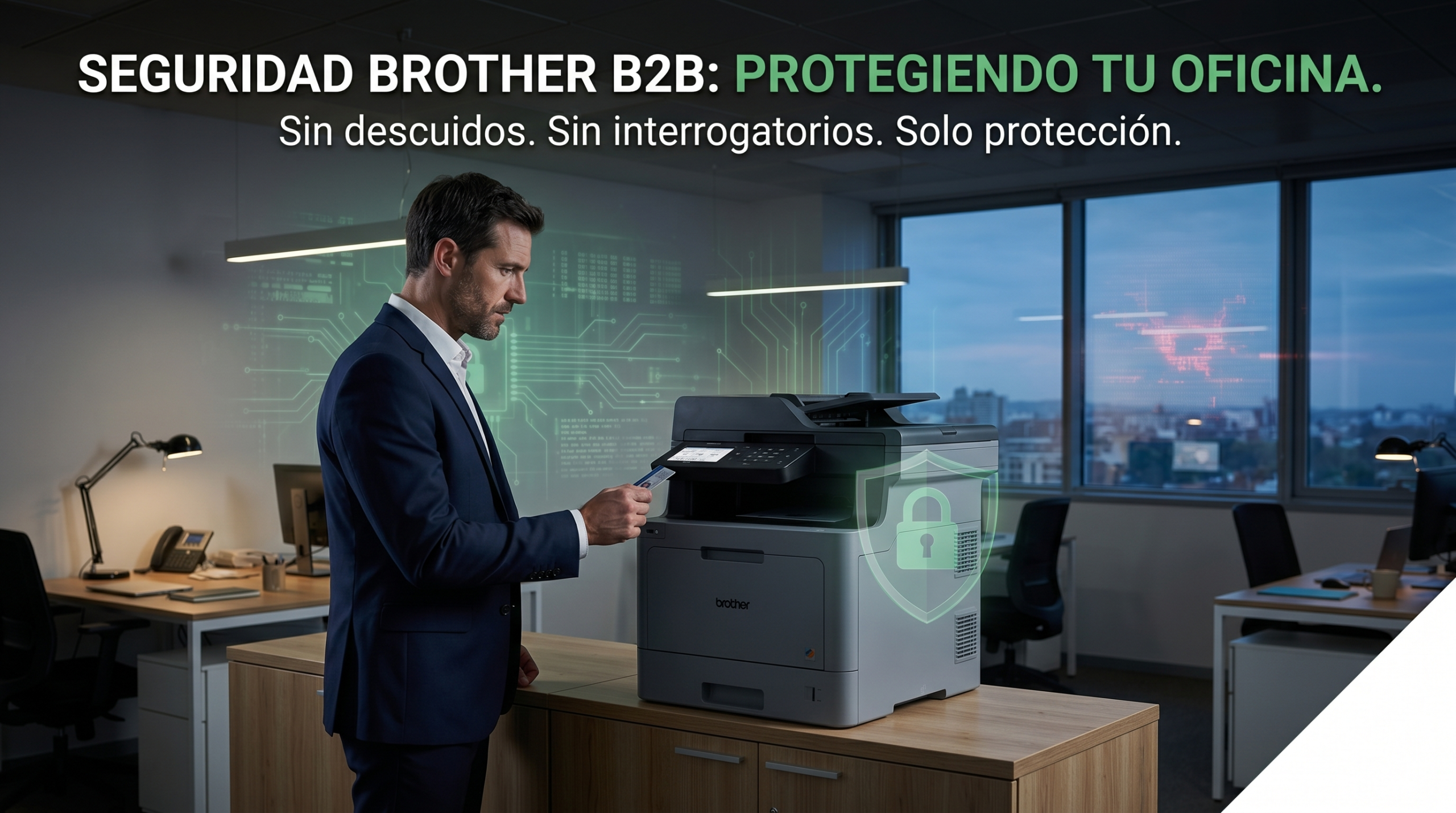Un empleado de oficina utiliza una tarjeta de autenticación en una impresora multifunción Brother, ilustrando la ciberseguridad y la protección de datos en el entorno de impresión B2B de Jeyjo