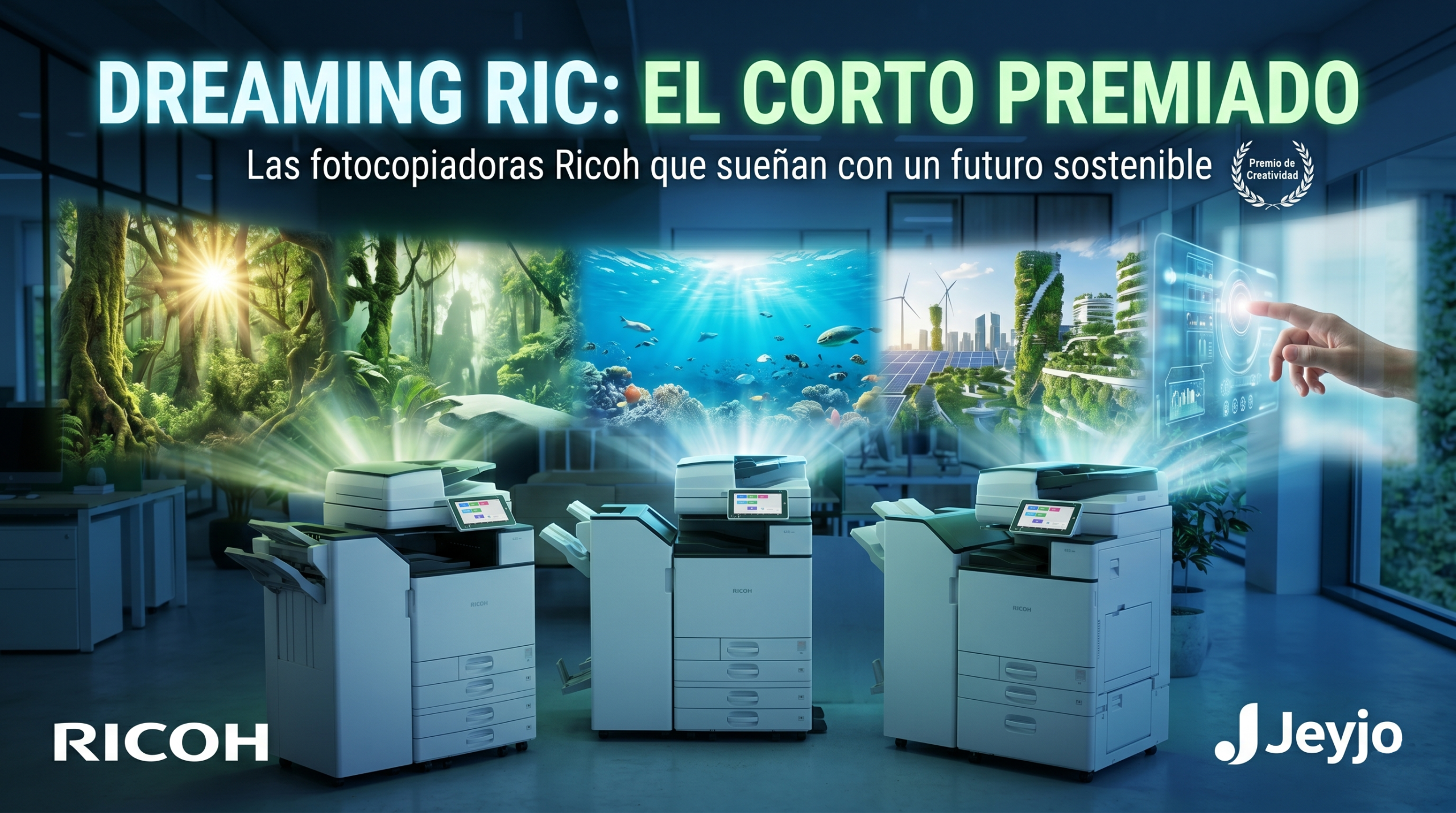 imagen estilizada del cortometraje 'Dreaming RIC'. En primer plano, tres fotocopiadoras Ricoh IM C Circular Economy emanan proyecciones luminosas de un futuro sostenible
