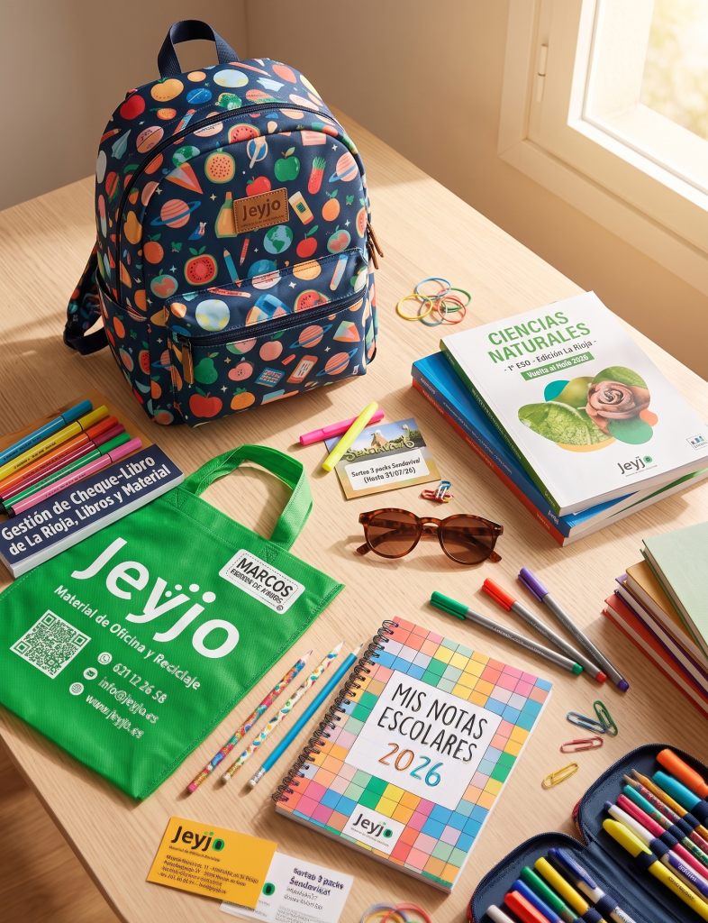 Composición de material escolar de Jeyjo sobre una mesa con mochila, cuadernos, libros de texto y gafas de sol en verano