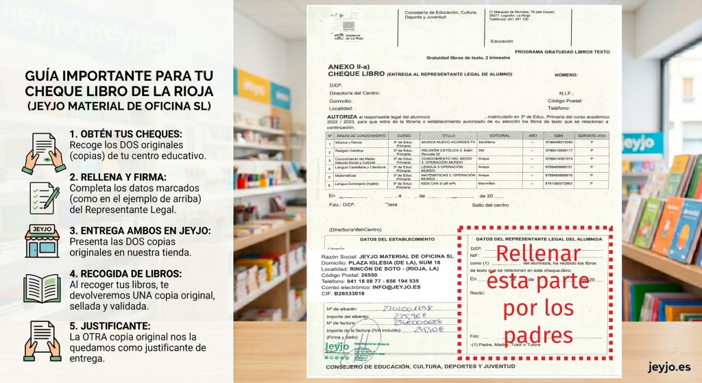 GUÍA IMPORTANTE PARA TU CHEQUE LIBRO DE LA RIOJA JEYJO MATERIAL DE OFICINA SL OBTÉN TUS CHEQUES RELLENA Y FIRMA