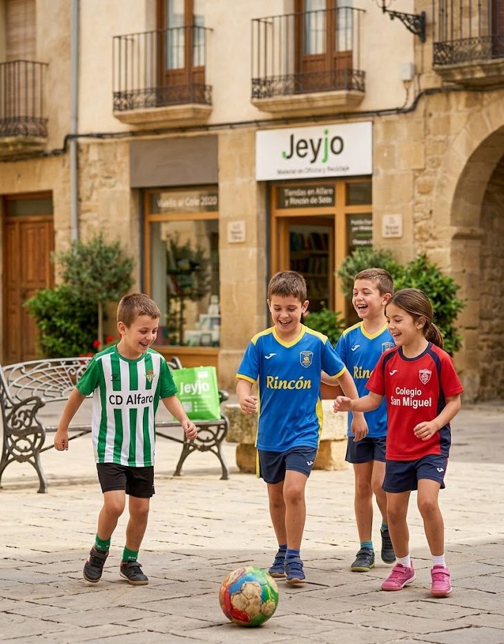 Niños jugando en la plaza de un pueblo de La Rioja gracias al apoyo social de comprar en el comercio local