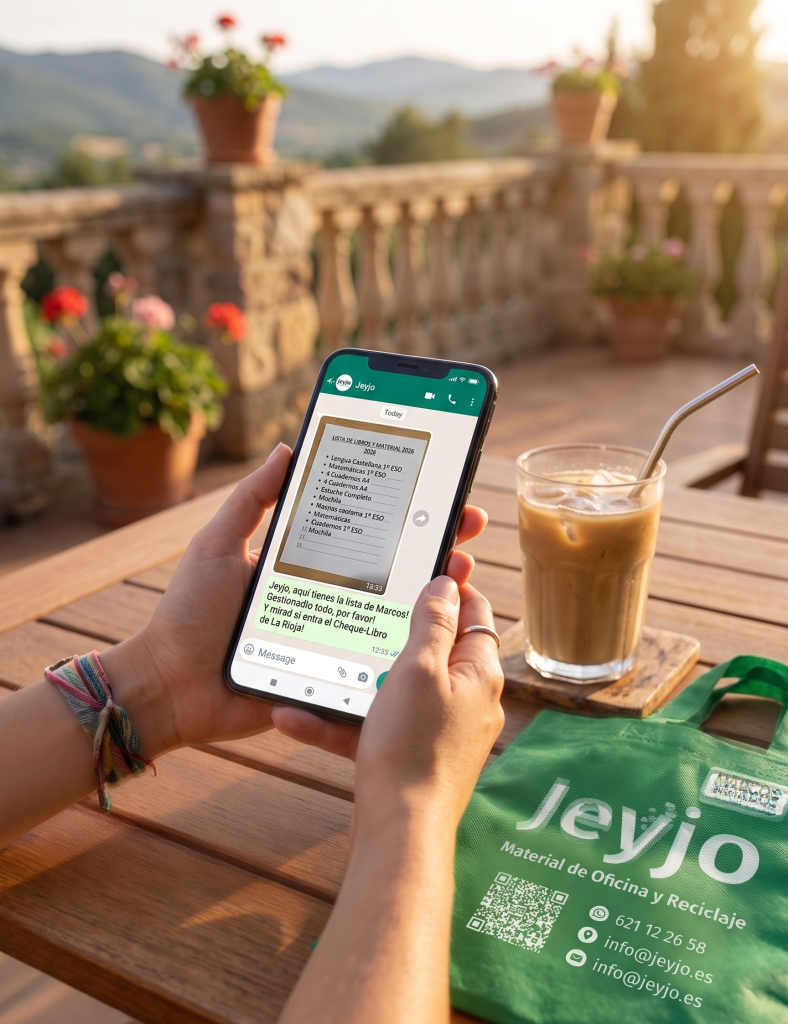Persona enviando la lista de material escolar y el cheque-libro por WhatsApp a Jeyjo para organizar la vuelta al cole sin estrés