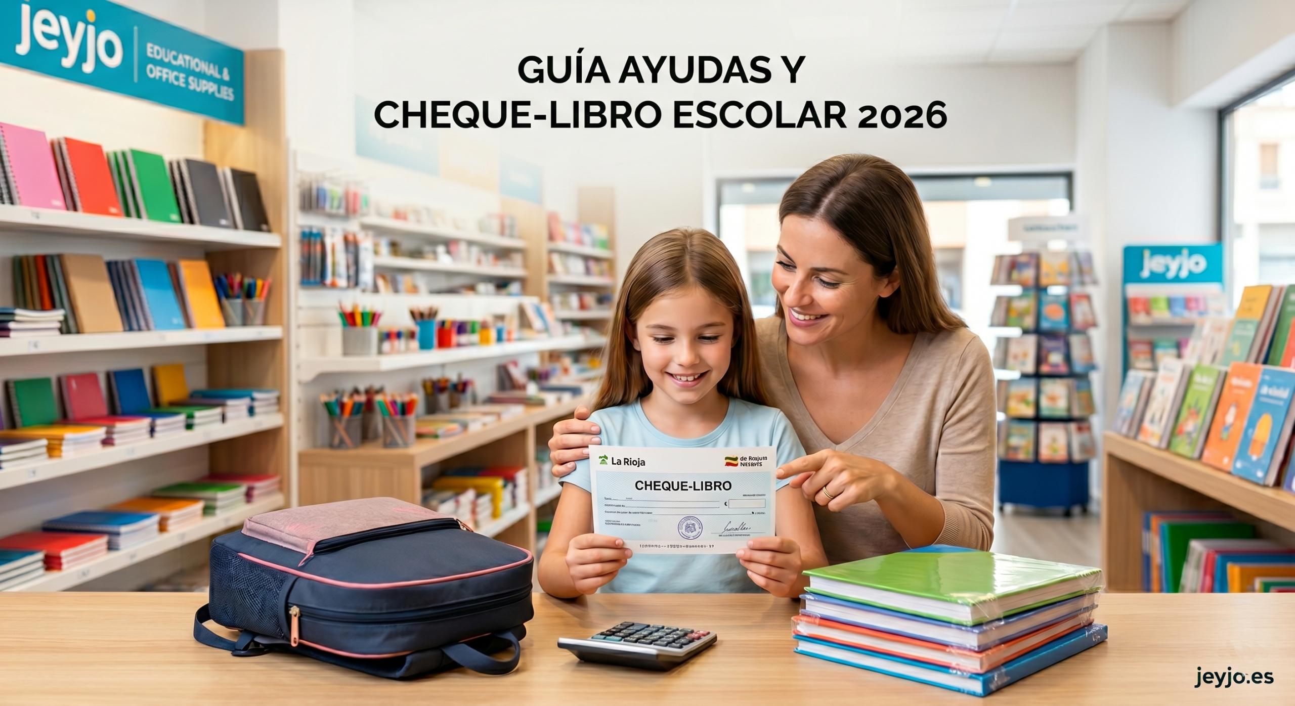 Una madre y su hija sonríen en una tienda de papelería jeyjo donde la niña sostiene un cheque-libro de La RiojaGUÍA AYUDAS Y CHEQUE-LIBRO ESCOLAR 2026
