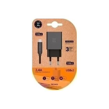 TEC2423 CARGADOR TECHONE DOBLE + CABLE USB-USB-C