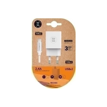 TEC2403 CARGADOR TECHONE DOBLE + CABLE USB-USB-C