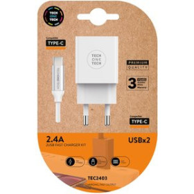 Alimentación CARGADOR TECH-ONE-TECH DOBLE PARED BLANCO + CABLE USB-USB-C ALTO RENDIMIENTO 2