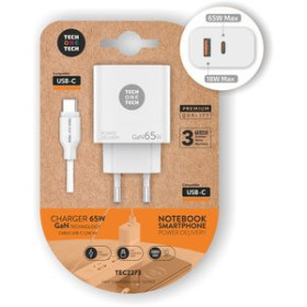 Alimentación CARGADOR TECH-ONE-TECH DOBLE PARED BLANCO USB + USB-C + CABLE USB-C - USB-C ALTO RENDIMIENTO 65W 10401928  10360520
