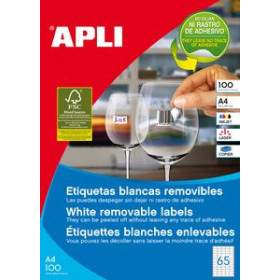 Etiquetas adhv. para impresora ETIQUETAS ADH.IMPR.APLI A4 BLANCA C.RECTOS REMOVIBLE CAJA 100h  38x21