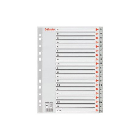 Índice alfabético PP y PVC INDICE ESSELTE PP ALFABETICO A4 20 pestañas 11 taladros GRIS con IND.COL. 22201137  R132