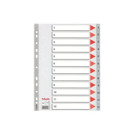 Índice numérico PP y PVC INDICE ESSELTE PP NUMERICO A4 pestañas 1-12 11 taladros GRIS con IND.COL. 10003509  C31200L048