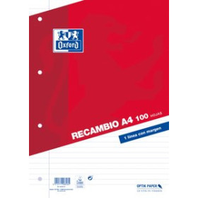 Recambio 4 taladros RECAMBIO OXFORD SCHOOL A4 100h 90gr 4 TALADROS HORIZONTAL C/MARGEN ROJO 18804088  10114