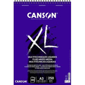 Papel técnicas húmedas: Blocs y láminas BLOC DE DIBUJO CANSON XL FLUID MIX MEDIA CON ESPIRAL LISO A3 250g 30h 10203176  ABT-N35