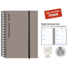 Agendas anuales AGENDA ANUAL (2025-26) SENFORT 16 MESES STUDENT FOAM ESPIRAL tapa PP con GOMA 120x170 S/V GRIS 25001588  32266