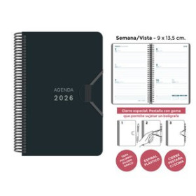 Agendas anuales AGENDA ANUAL (2026) SENFORT MINI ESPIRAL tapa PP con GOMA 90x135 S/V NEGRO 24403605  27NBALI22CB