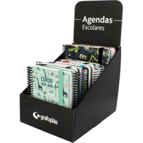 Agendas escolares AGENDA ESCOLAR (2025-26) GRAFOPLAS ESPIRAL tapa EXTRA con GOMA A5/A6 SURTIDO EXPOSITOR DE 12