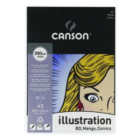 Papel técnicas húmedas: Blocs y láminas BLOC DE DIBUJO CANSON ILLUSTRATION MANGA ENCOLADO LISO A3 250g 12h 27301047  81069ME