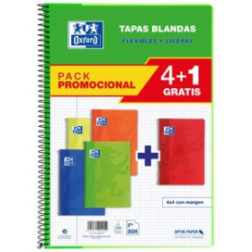 Blocs espiral tapa blanda BLOC OXFORD SCHOOL tapa BLANDA Fº 80h CUADRIC.4x4 PACK 4+1 (col. vivos)
