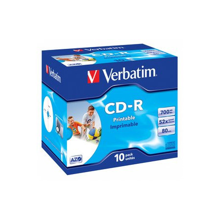 CD CD-ROM VERBATIM 700MB 52x JEWEL CASE 10 SUPER AZO IMPRIMIBLE INKJET NEUTRO (Incluye Canon LPI de 0.80 )