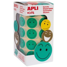 Gomets en rollo y caja GOMETS APLI ROLLO CARA FELIZ SMILE 30h CIRCULO Ø 20mm VERDE 900 uds. (14373)