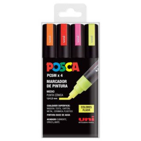 Marcadores de tinta opaca no permanente MARCADOR T.OPACA NO PERM. UNI POSCA 1.8-2.5mm (PC-5M) FLUOR ESTUCHE de 4