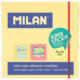 Notas adhesivas reposicionables NOTAS ADHESIVAS MILAN SUPER STICKY 90h 76x76 PASTEL AMARILLO