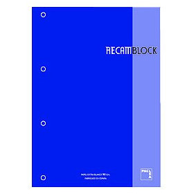 Recambio encolado 4 taladros RECAMBIO PACSA XBLOCK ENCOLADO A4 80h 90g 4 TALADROS CUADRIC.5x5 AZUL (1 color en rayado y banda)