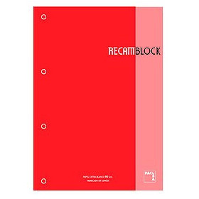 Recambio encolado 4 taladros RECAMBIO PACSA XBLOCK ENCOLADO A4 80h 90g 4 TALADROS CUADRIC.5x5 ROJO (1 color en rayado y banda)