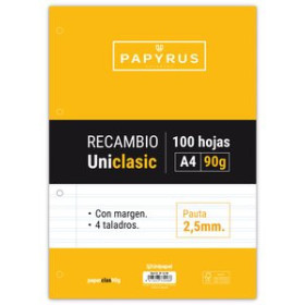 Recambio 4 taladros RECAMBIO PAPYRUS UNICLASIC A4 100h 90g 4 TALADROS PAUTA 2.5 C/MARGEN