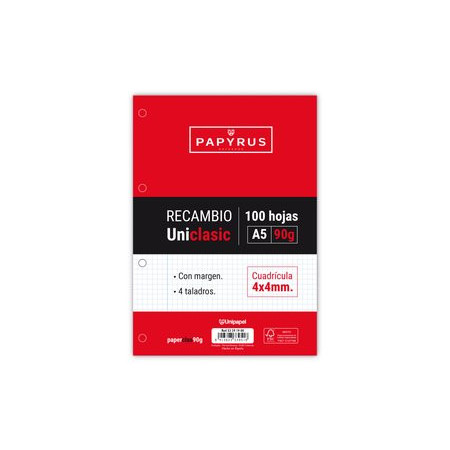 Recambio 4 taladros RECAMBIO PAPYRUS UNICLASIC A5 100h 90g 4 TALADROS CUAD.4x4 C/MARGEN