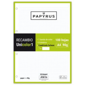 Recambio 4 taladros RECAMBIO PAPYRUS UNICOLOR1 A4 100h 90g 4 TALADROS CUAD.5x5 LIMA
