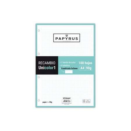 Recambio 4 taladros RECAMBIO PAPYRUS UNICOLOR1 A4 100h 90g 4 TALADROS CUAD.5x5 MINT