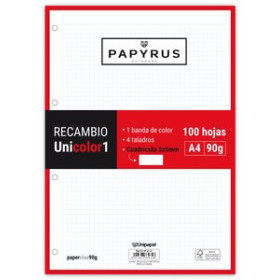 Recambio 4 taladros RECAMBIO PAPYRUS UNICOLOR1 A4 100h 90g 4 TALADROS CUAD.5x5 ROJO