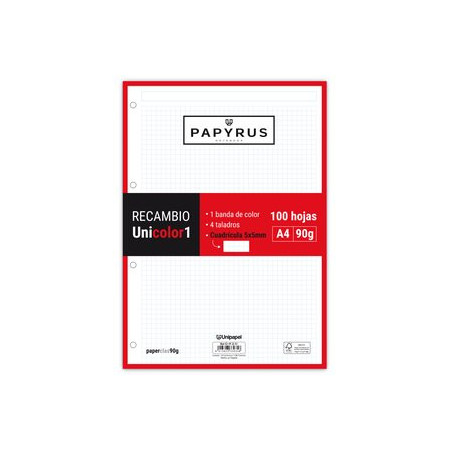 Recambio 4 taladros RECAMBIO PAPYRUS UNICOLOR1 A4 100h 90g 4 TALADROS CUAD.5x5 ROJO