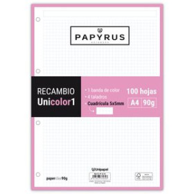 Recambio 4 taladros RECAMBIO PAPYRUS UNICOLOR1 A4 100h 90g 4 TALADROS CUAD.5x5 ROSA CLARO