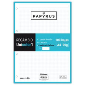 Recambio 4 taladros RECAMBIO PAPYRUS UNICOLOR1 A4 100h 90g 4 TALADROS CUAD.5x5 TURQUESA
