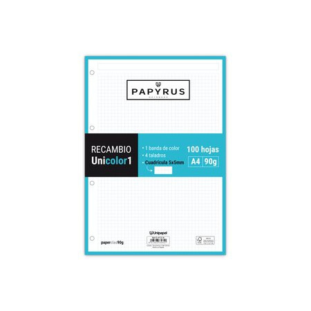 Recambio 4 taladros RECAMBIO PAPYRUS UNICOLOR1 A4 100h 90g 4 TALADROS CUAD.5x5 TURQUESA