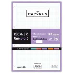 Recambio 4 taladros RECAMBIO PAPYRUS UNICOLOR5 A4 100h 90g 4 TALADROS CUAD.5x5 COLORES PASTEL