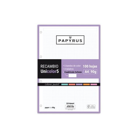 Recambio 4 taladros RECAMBIO PAPYRUS UNICOLOR5 A4 100h 90g 4 TALADROS CUAD.5x5 COLORES PASTEL