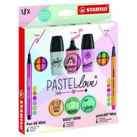 Rotuladores de colores ROTULADOR FIBRA STABILO MINI PEN 68&POINT 88&BOSS PASTEL LOVE ESTUCHE de CARTON de 18