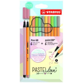Rotuladores de colores ROTULADOR FIBRA STABILO PEN 68/POINT 88 PASTEL LOVE ESTUCHE de CARTON de 12